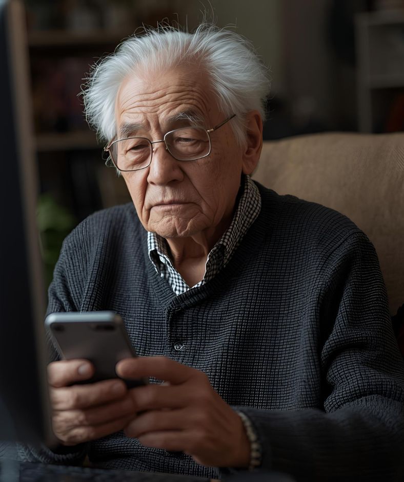 קשיש מסתכל בטלפון