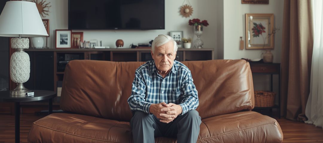 זקן עצוב יושב בבית לבד