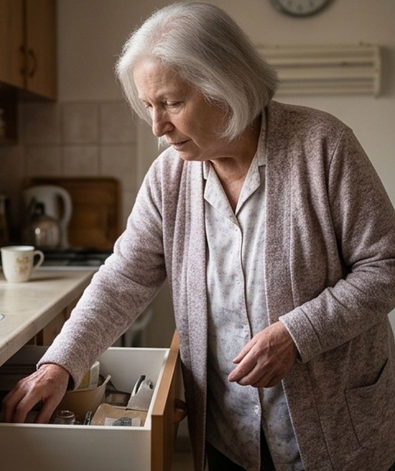 קשישה מחפשת משהו במגירה