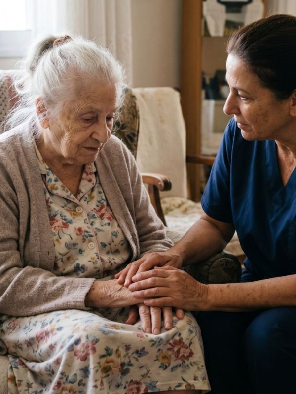 קשישה עצובה עם מטפלת